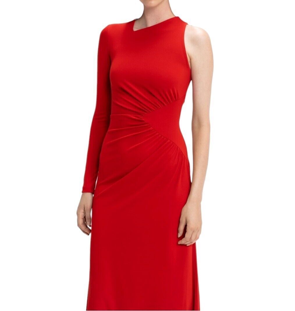 CUE Scarlet One Shoulder Dress | Red, Stretch Jersey, Sz 8, Gathered, Maxi/Midi