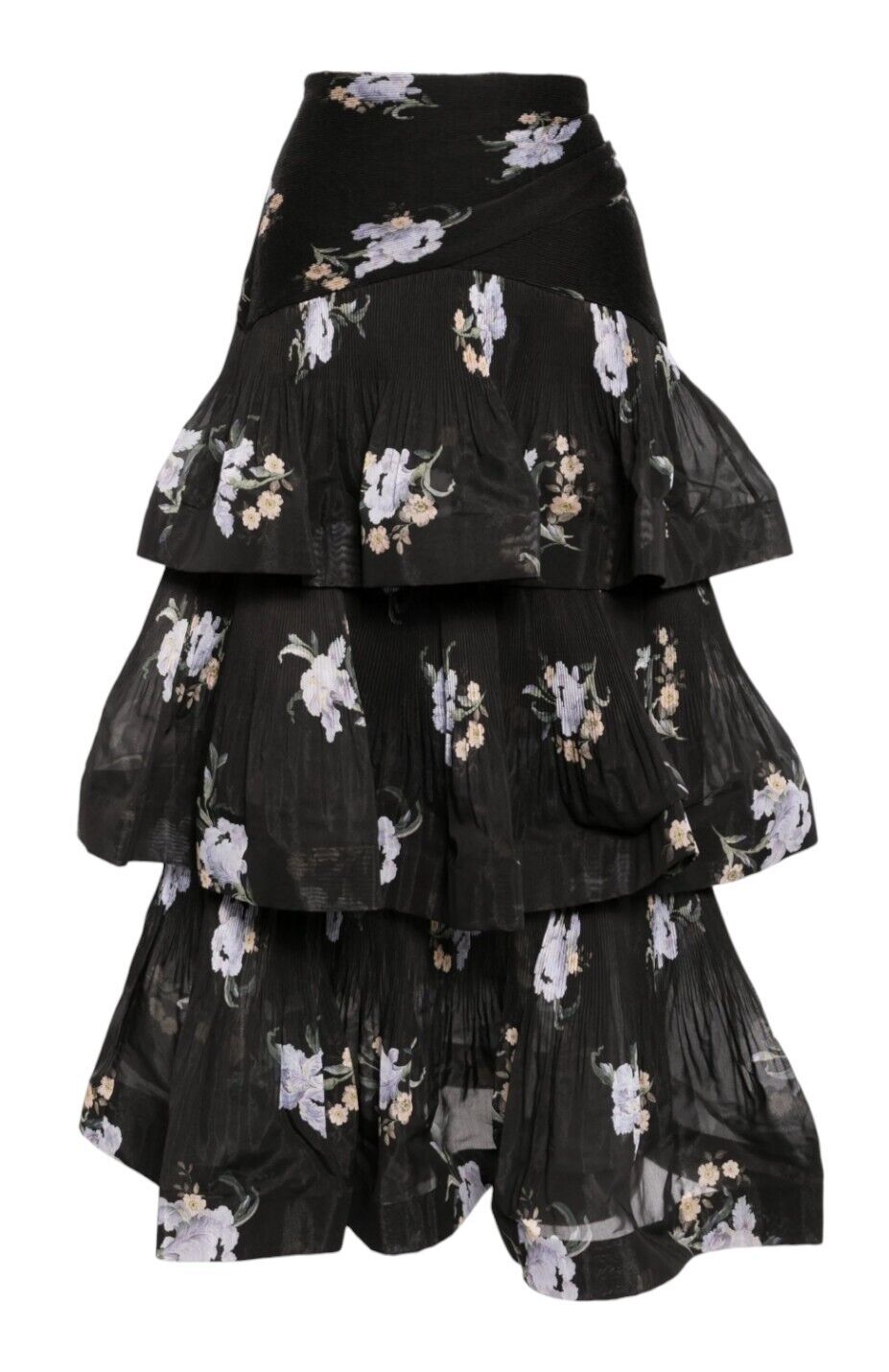 Zimmermann Pleated Tiered Skirt | Black Iris Floral Print, Midi, High Waisted