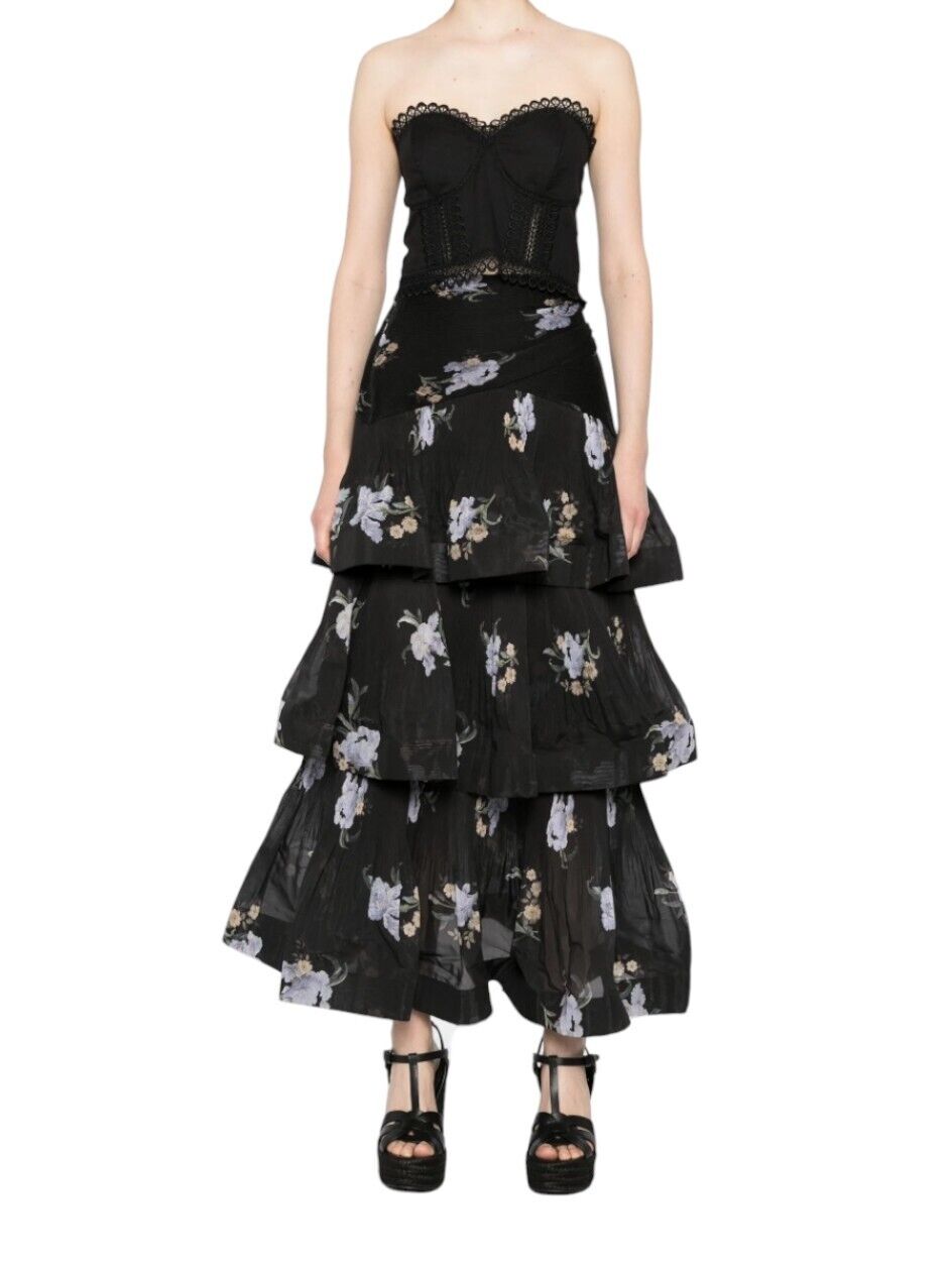 Zimmermann Pleated Tiered Skirt | Black Iris Floral Print, Midi, High Waisted