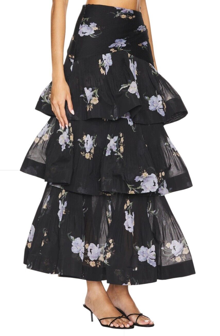 Zimmermann Pleated Tiered Skirt | Black Iris Floral Print, Midi, High Waisted
