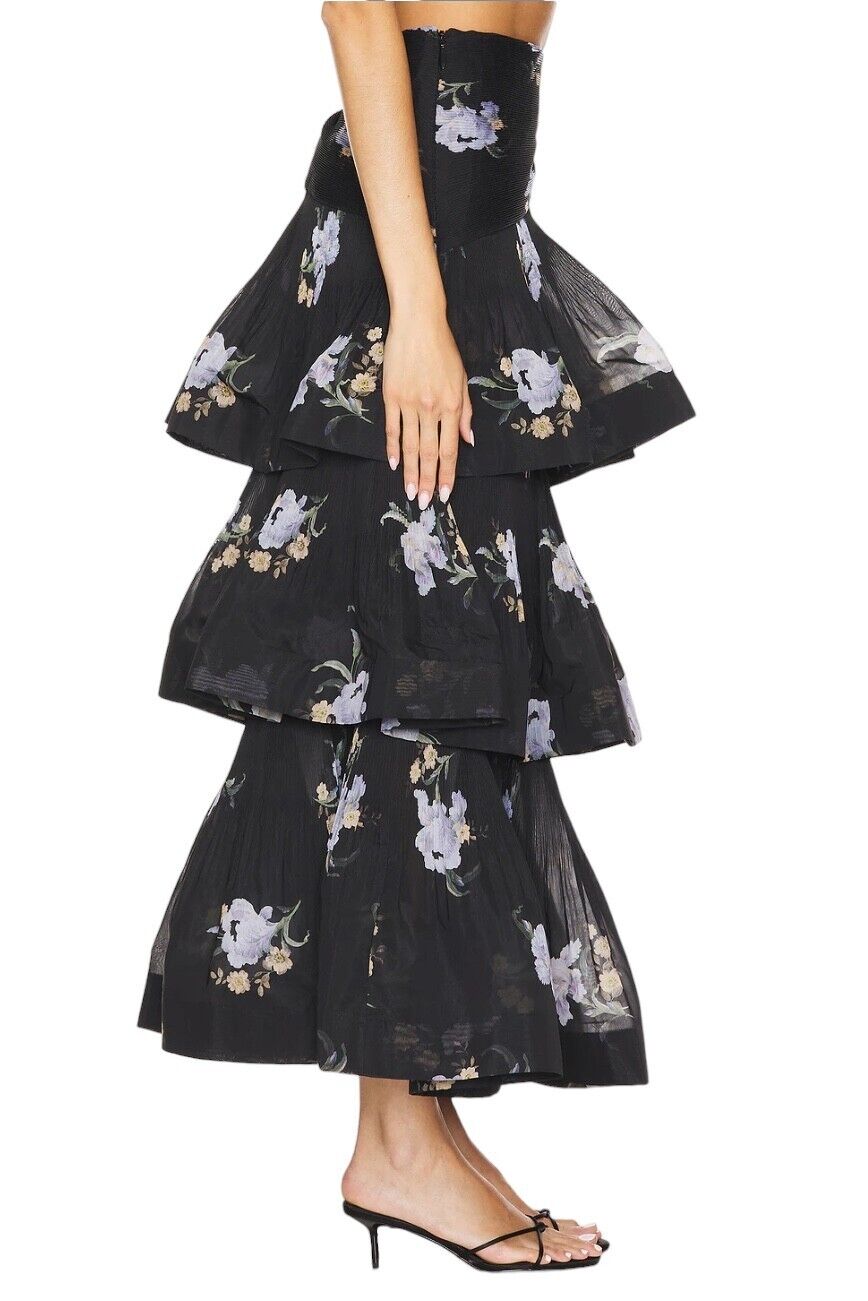 Zimmermann Pleated Tiered Skirt | Black Iris Floral Print, Midi, High Waisted