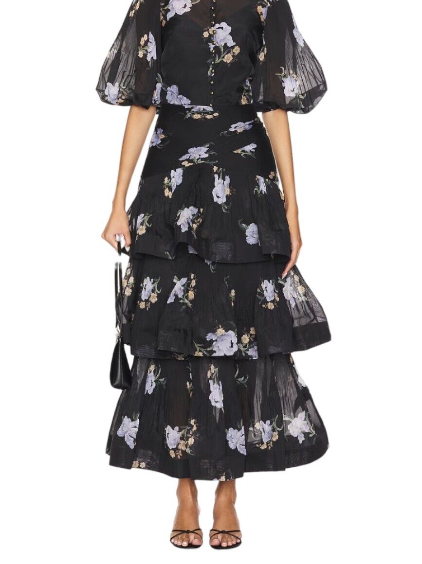 Zimmermann Pleated Tiered Skirt | Black Iris Floral Print, Midi, High Waisted