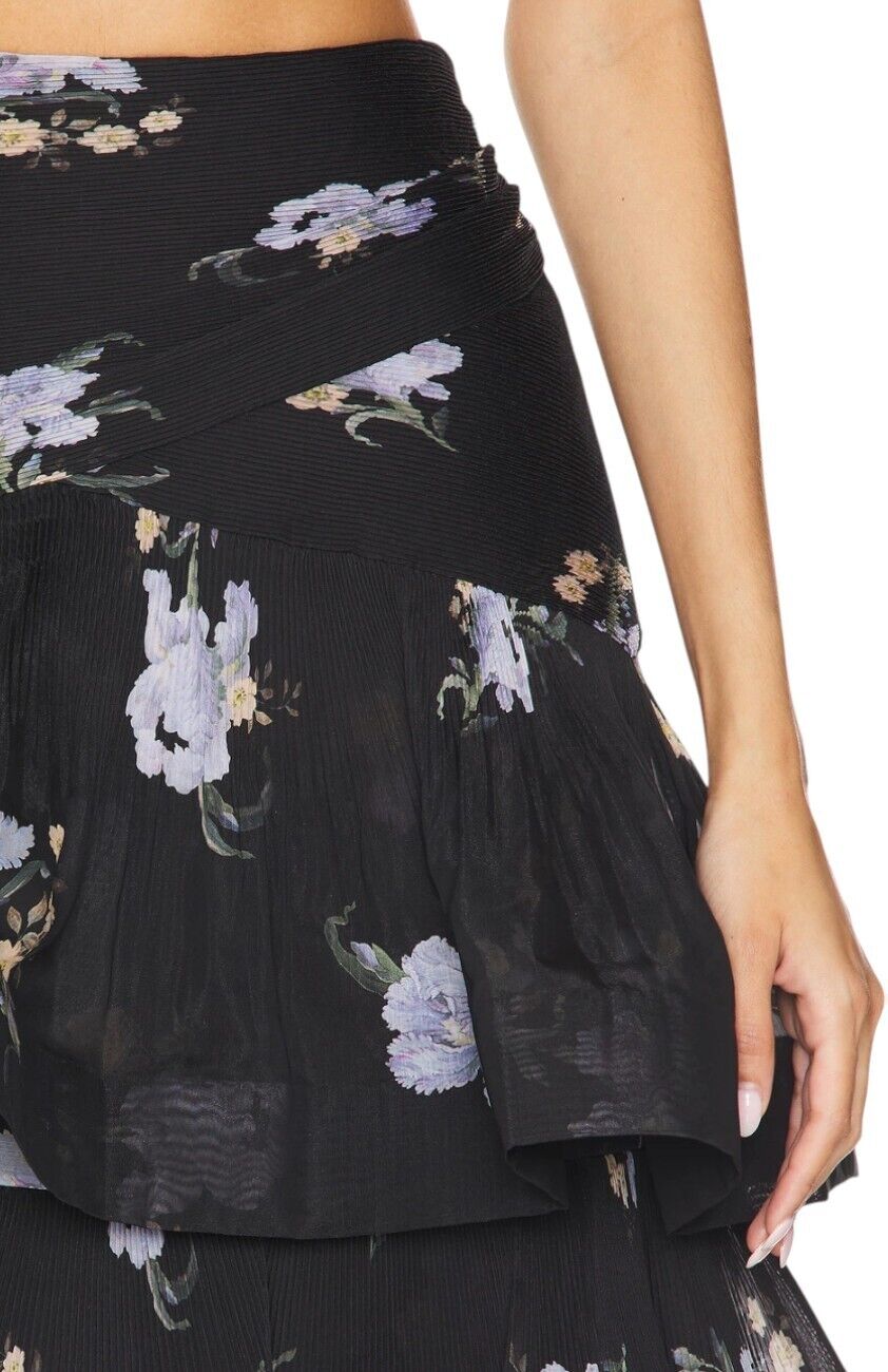 Zimmermann Pleated Tiered Skirt | Black Iris Floral Print, Midi, High Waisted