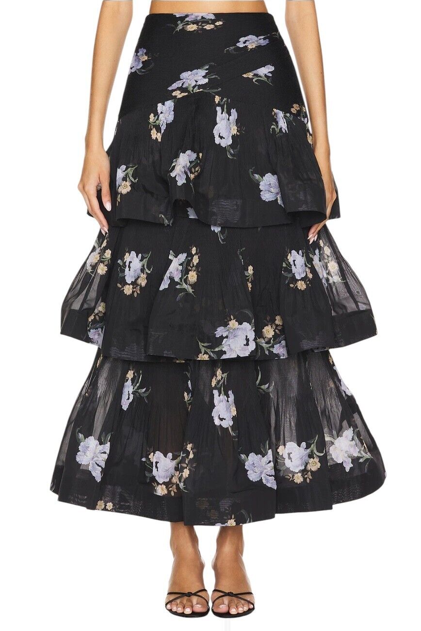 Zimmermann Pleated Tiered Skirt | Black Iris Floral Print, Midi, High Waisted
