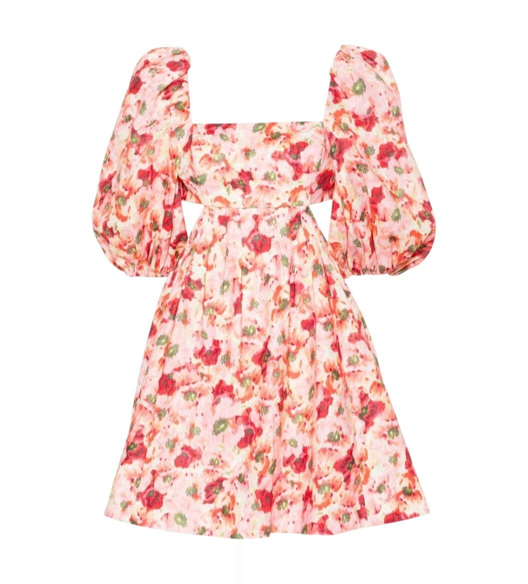 Zimmermann Lightburst Cutout Mini Dress | Pink Foral, Puff Sleeves, Linen