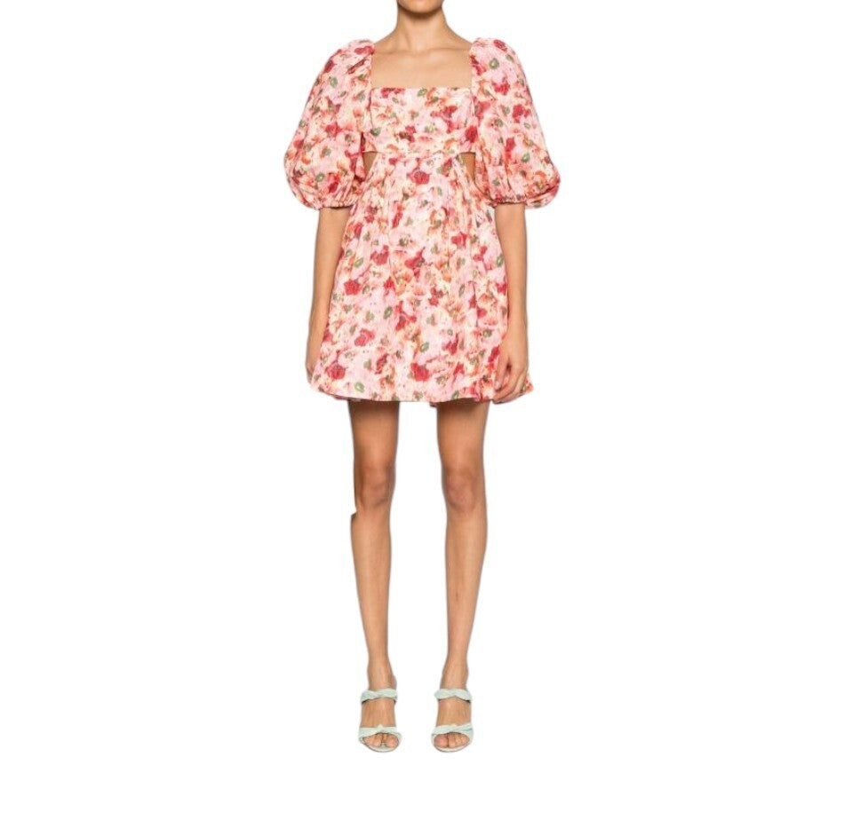 Zimmermann Lightburst Cutout Mini Dress | Pink Foral, Puff Sleeves, Linen