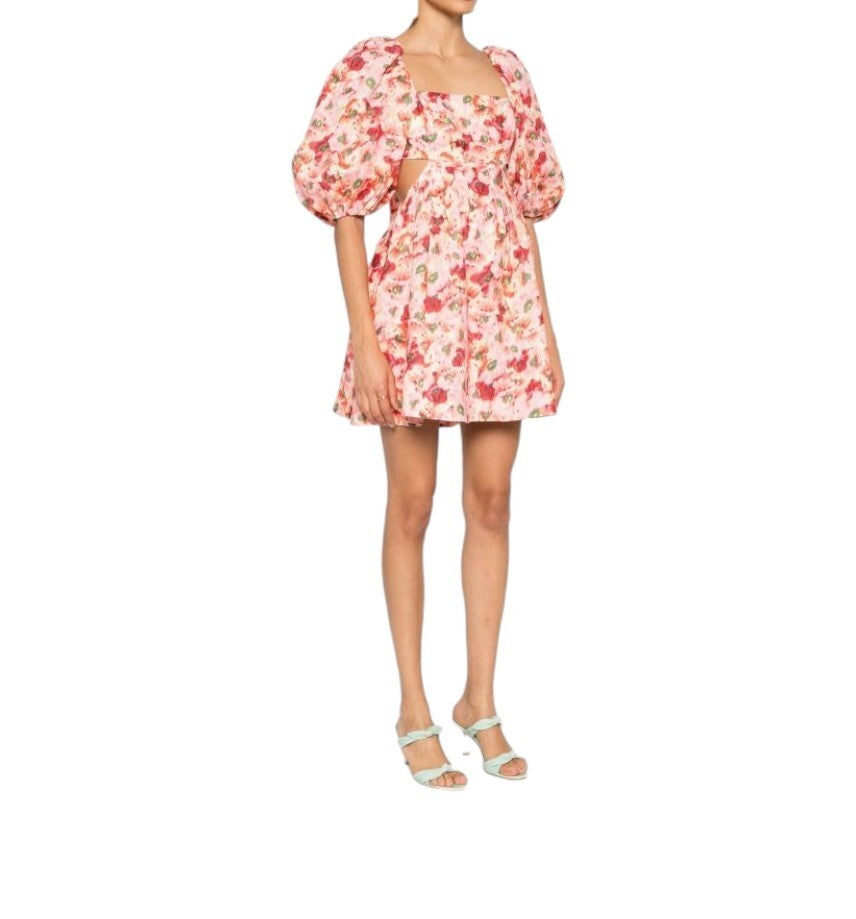 Zimmermann Lightburst Cutout Mini Dress | Pink Foral, Puff Sleeves, Linen