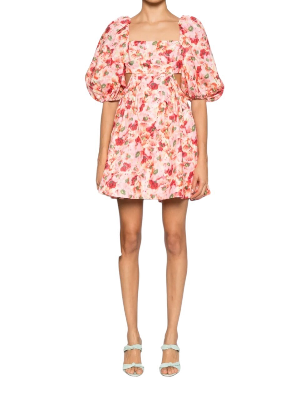 Zimmermann Lightburst Cutout Mini Dress | Pink Foral, Puff Sleeves, Linen