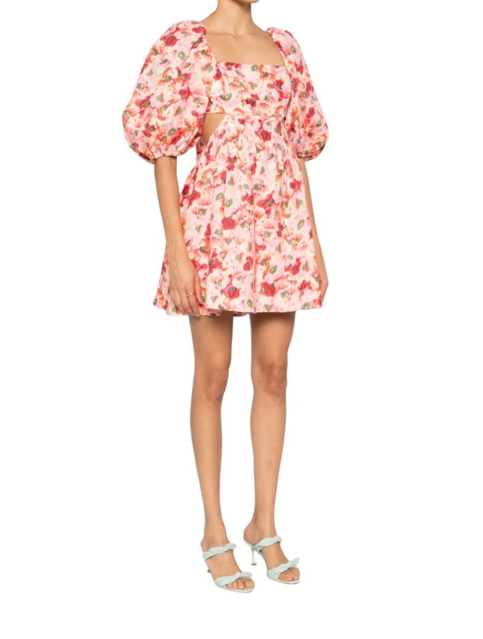 Zimmermann Lightburst Cutout Mini Dress | Pink Foral, Puff Sleeves, Linen