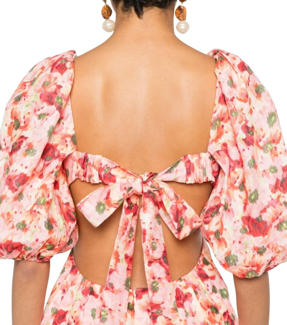Zimmermann Lightburst Cutout Mini Dress | Pink Foral, Puff Sleeves, Linen