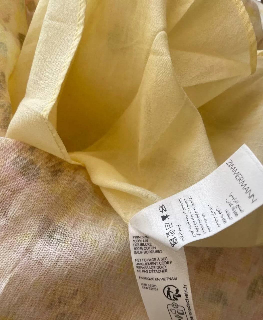 Zimmermann Lightburst Cutout Midi Dress | Yellow Foral, Puff Sleeves, Linen