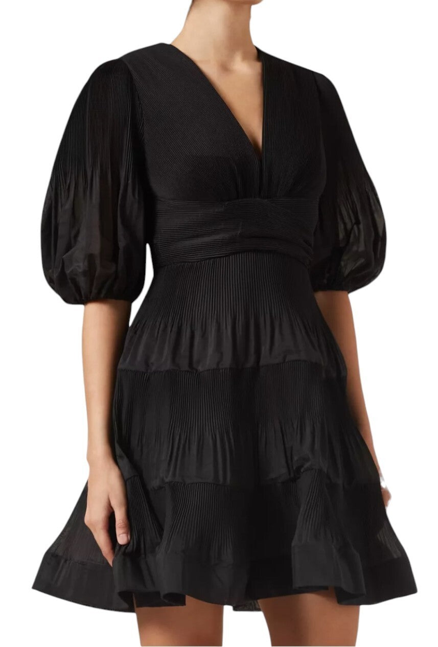 Zimmermann Pleated Mini Dress |Black, LBD, Crinolene Hem, Puff Sleeves, V-Neck