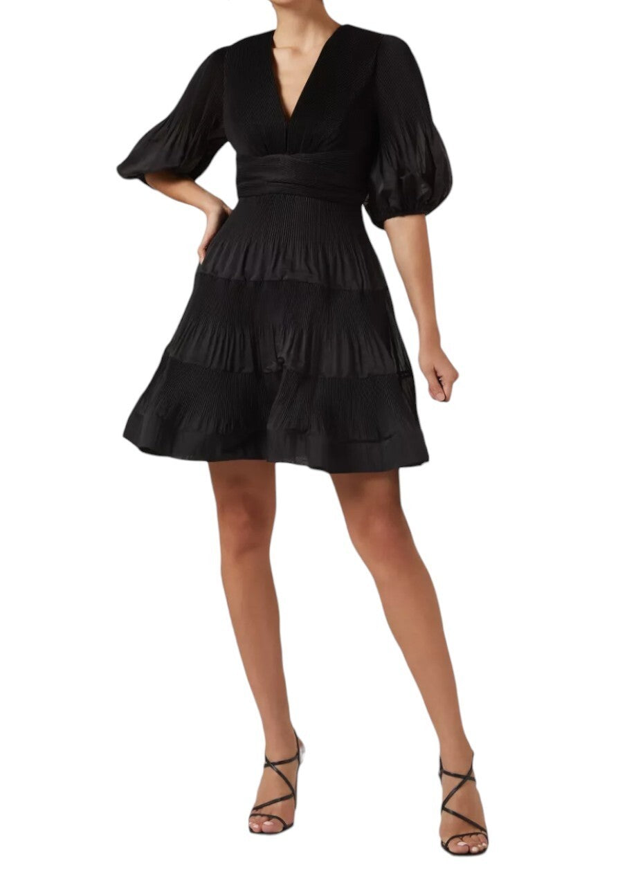 Zimmermann Pleated Mini Dress |Black, LBD, Crinolene Hem, Puff Sleeves, V-Neck