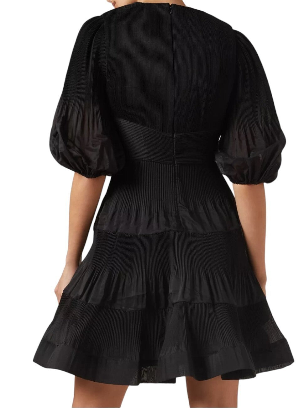 Zimmermann Pleated Mini Dress |Black, LBD, Crinolene Hem, Puff Sleeves, V-Neck