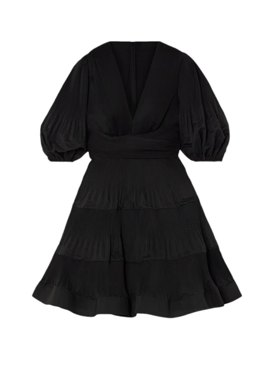Zimmermann Pleated Mini Dress |Black, LBD, Crinolene Hem, Puff Sleeves, V-Neck