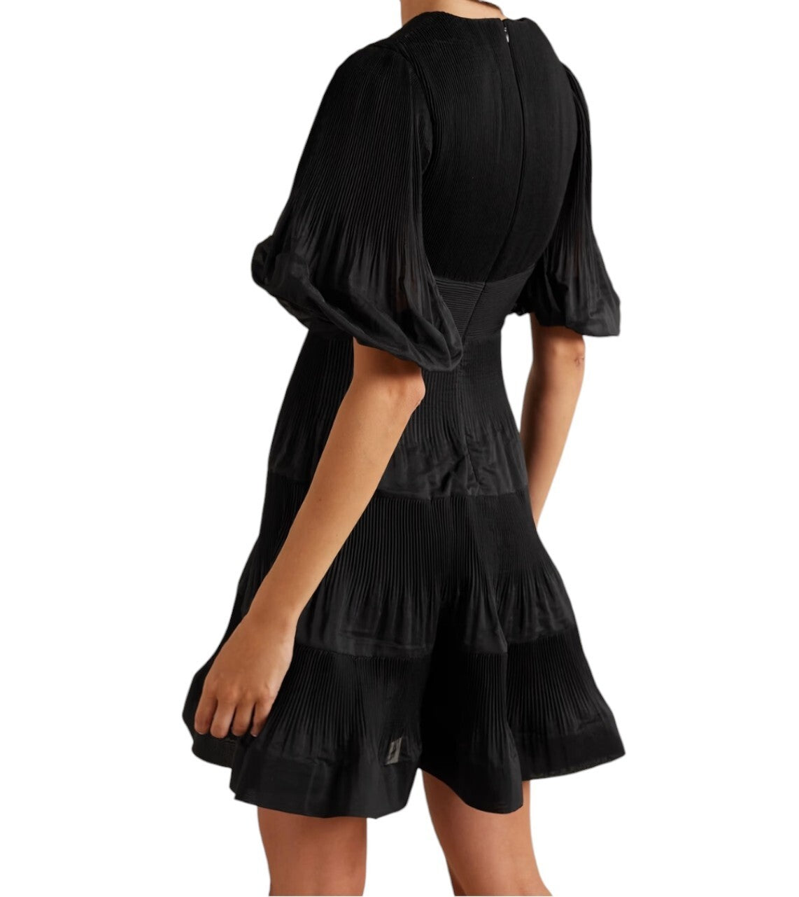 Zimmermann Pleated Mini Dress |Black, LBD, Crinolene Hem, Puff Sleeves, V-Neck