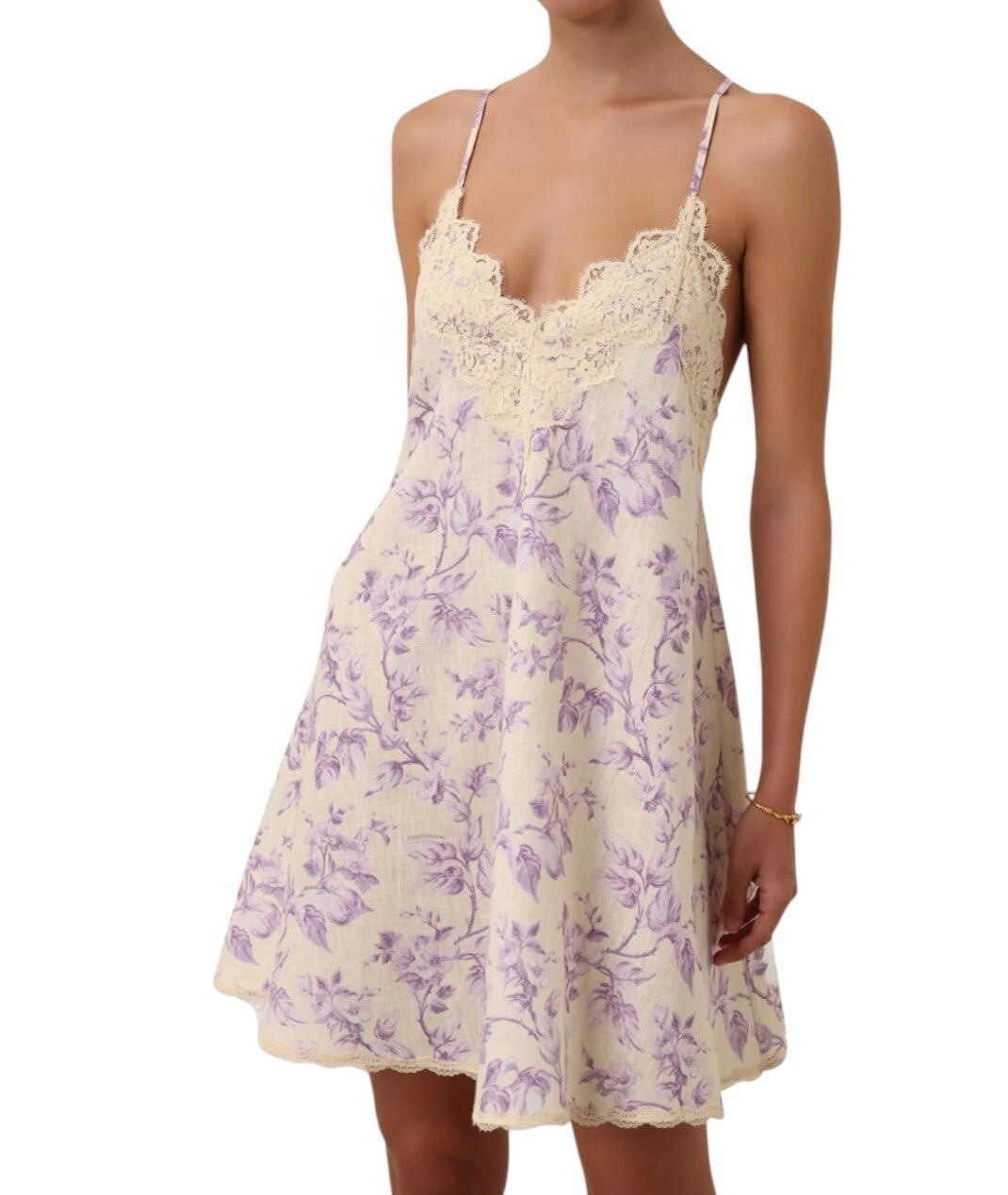 Zimmermann Halliday Swing Mini Dress | Lilac Floral, Linen, Lace Trim, Backless