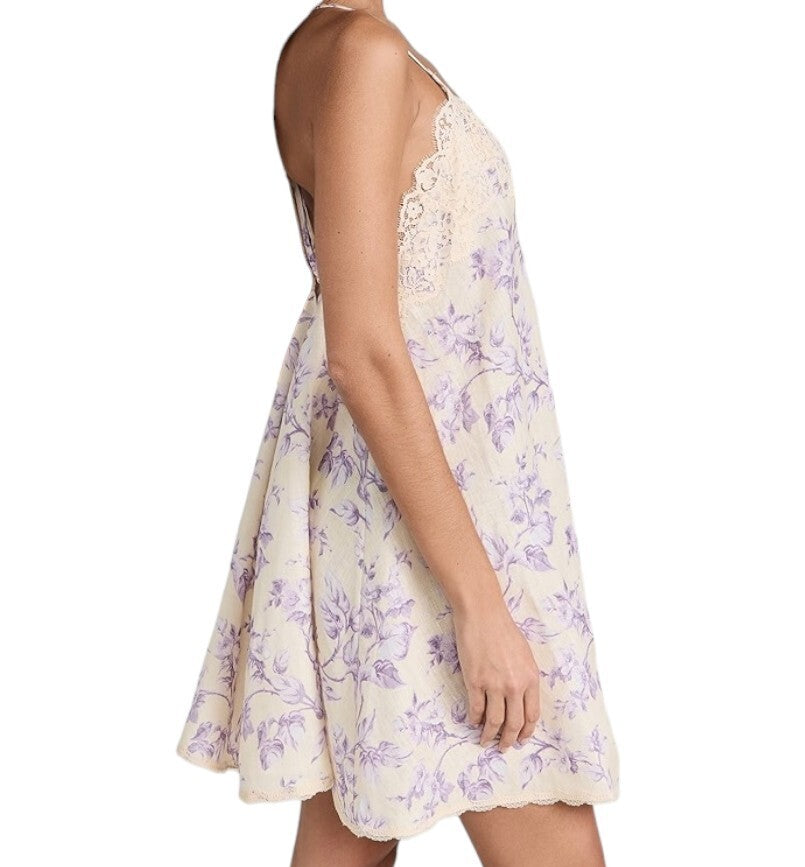 Zimmermann Halliday Swing Mini Dress | Lilac Floral, Linen, Lace Trim, Backless