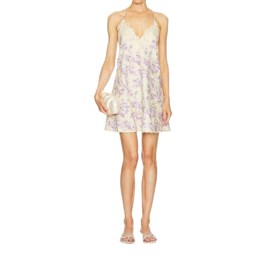 Zimmermann Halliday Swing Mini Dress | Lilac Floral, Linen, Lace Trim, Backless