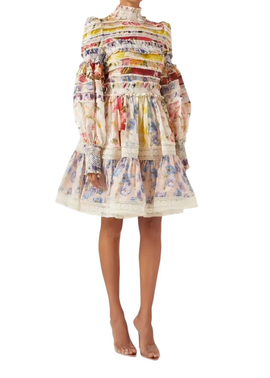 Zimmermann Wonderland Smocked Mini Dress | Linen/Silk, Puff Sleeve, Lace Trim