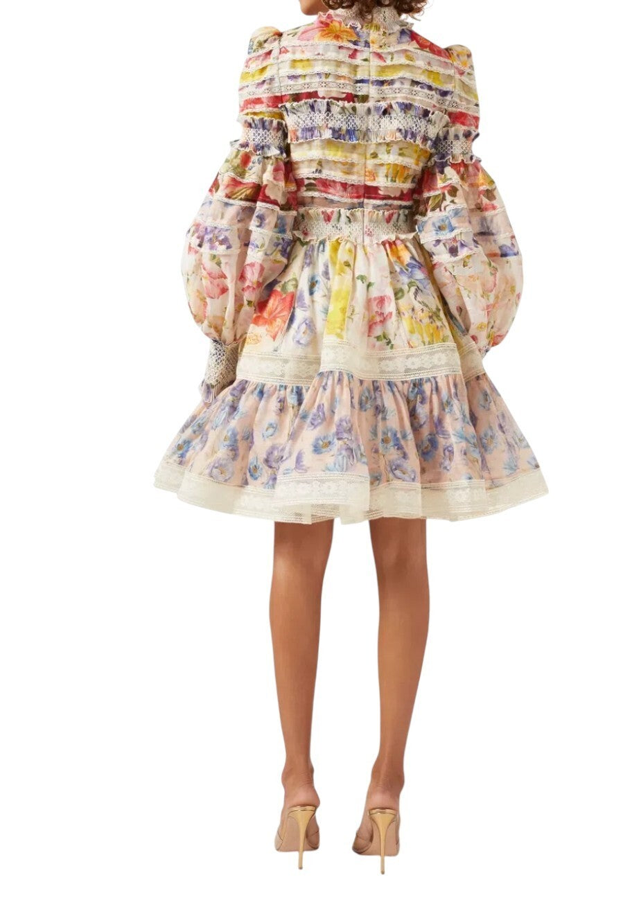 Zimmermann Wonderland Smocked Mini Dress | Linen/Silk, Puff Sleeve, Lace Trim