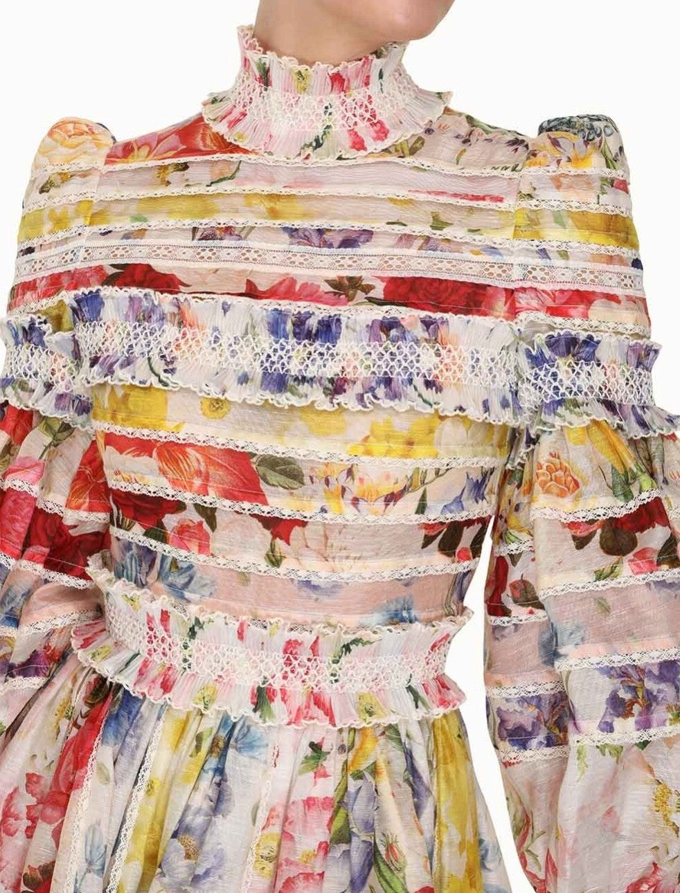 Zimmermann Wonderland Smocked Mini Dress | Linen/Silk, Puff Sleeve, Lace Trim