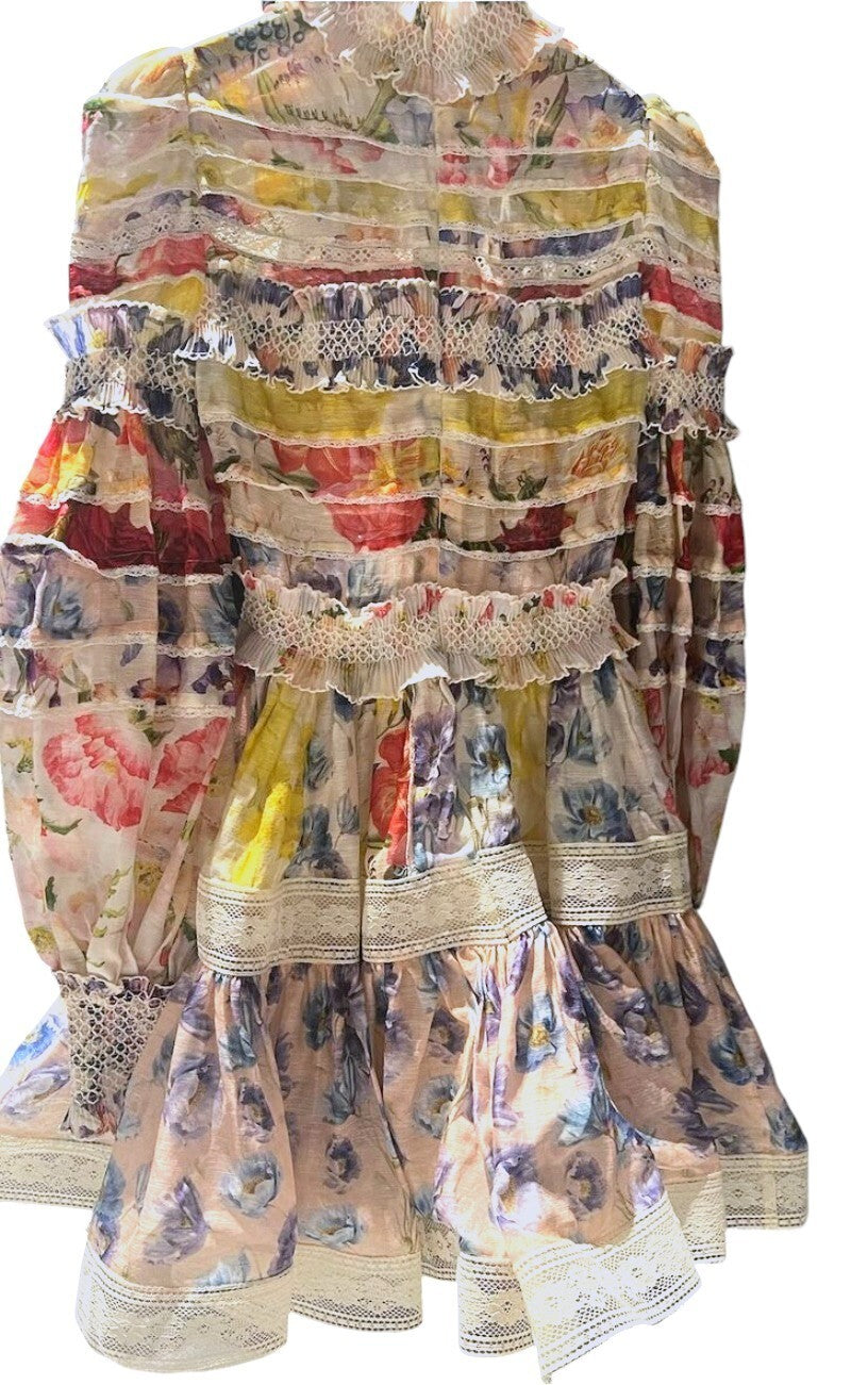 Zimmermann Wonderland Smocked Mini Dress | Linen/Silk, Puff Sleeve, Lace Trim