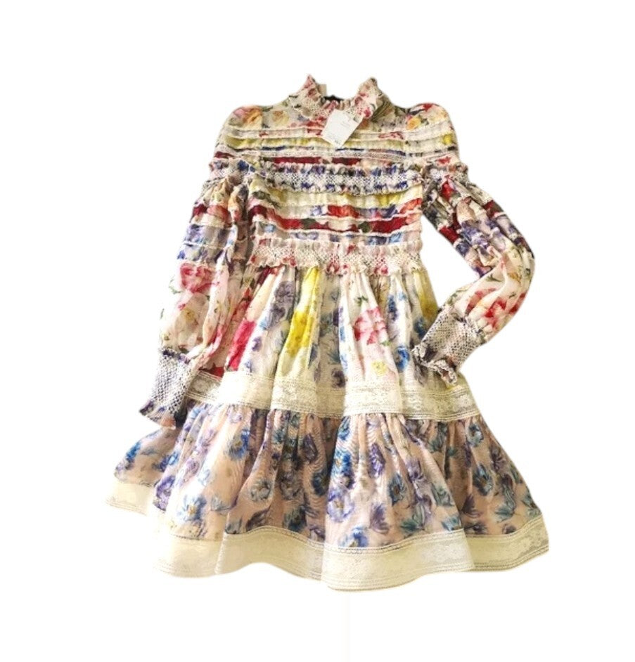 Zimmermann Wonderland Smocked Mini Dress | Linen/Silk, Puff Sleeve, Lace Trim