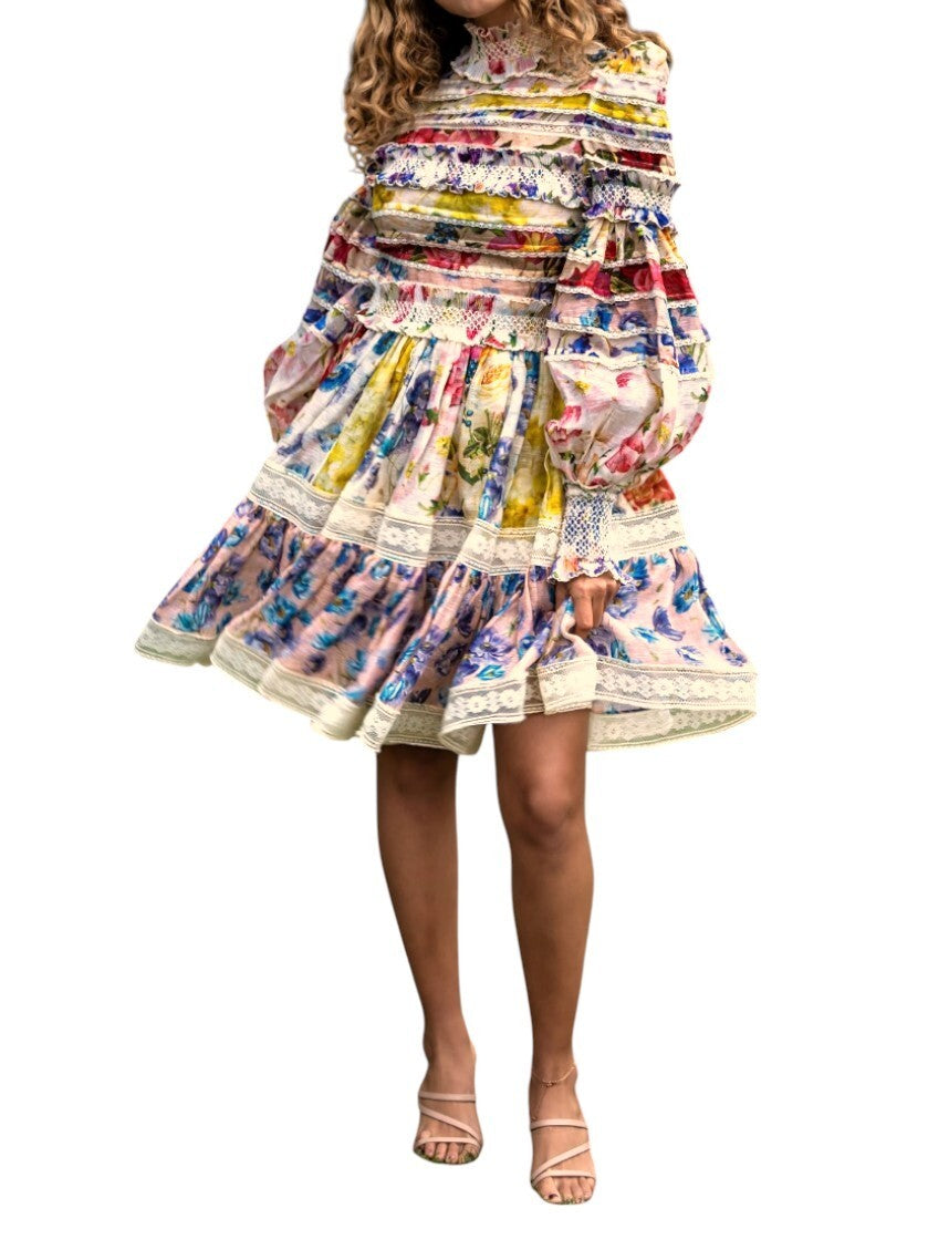 Zimmermann Wonderland Smocked Mini Dress | Linen/Silk, Puff Sleeve, Lace Trim