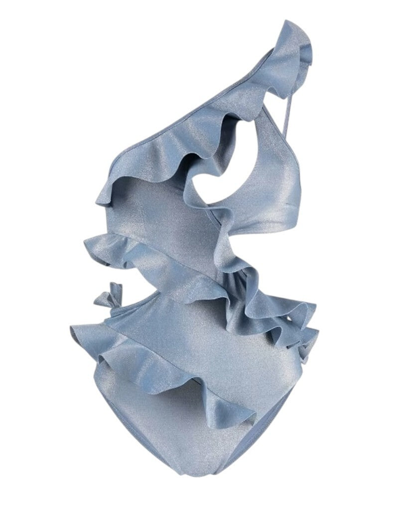 Zimmermann August Asymmetric One Piece | Blue Lurex/Shine, Frills, Cut Outs
