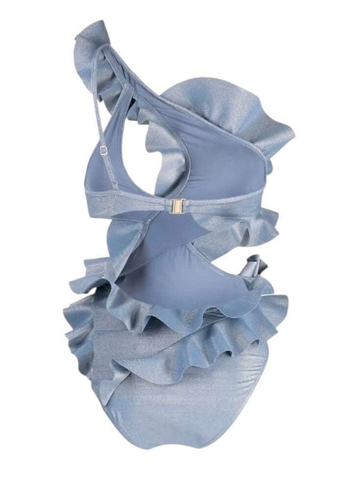 Zimmermann August Asymmetric One Piece | Blue Lurex/Shine, Frills, Cut Outs