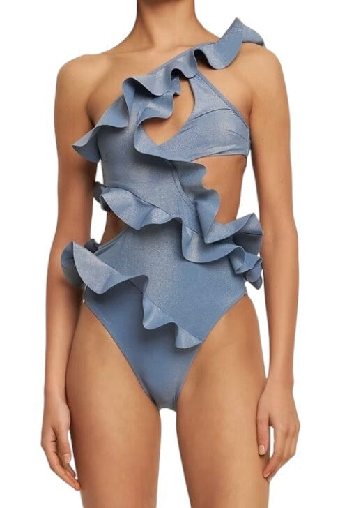 Zimmermann August Asymmetric One Piece | Blue Lurex/Shine, Frills, Cut Outs