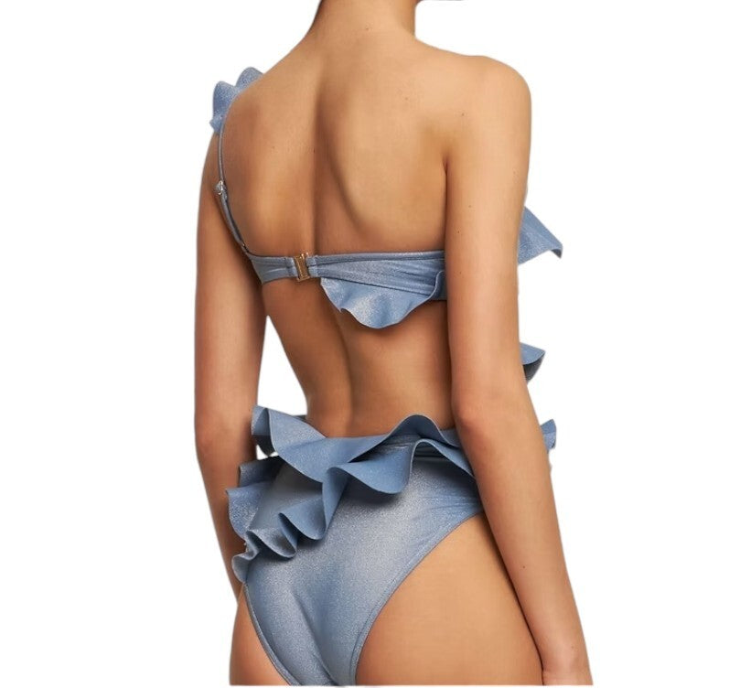 Zimmermann August Asymmetric One Piece | Blue Lurex/Shine, Frills, Cut Outs