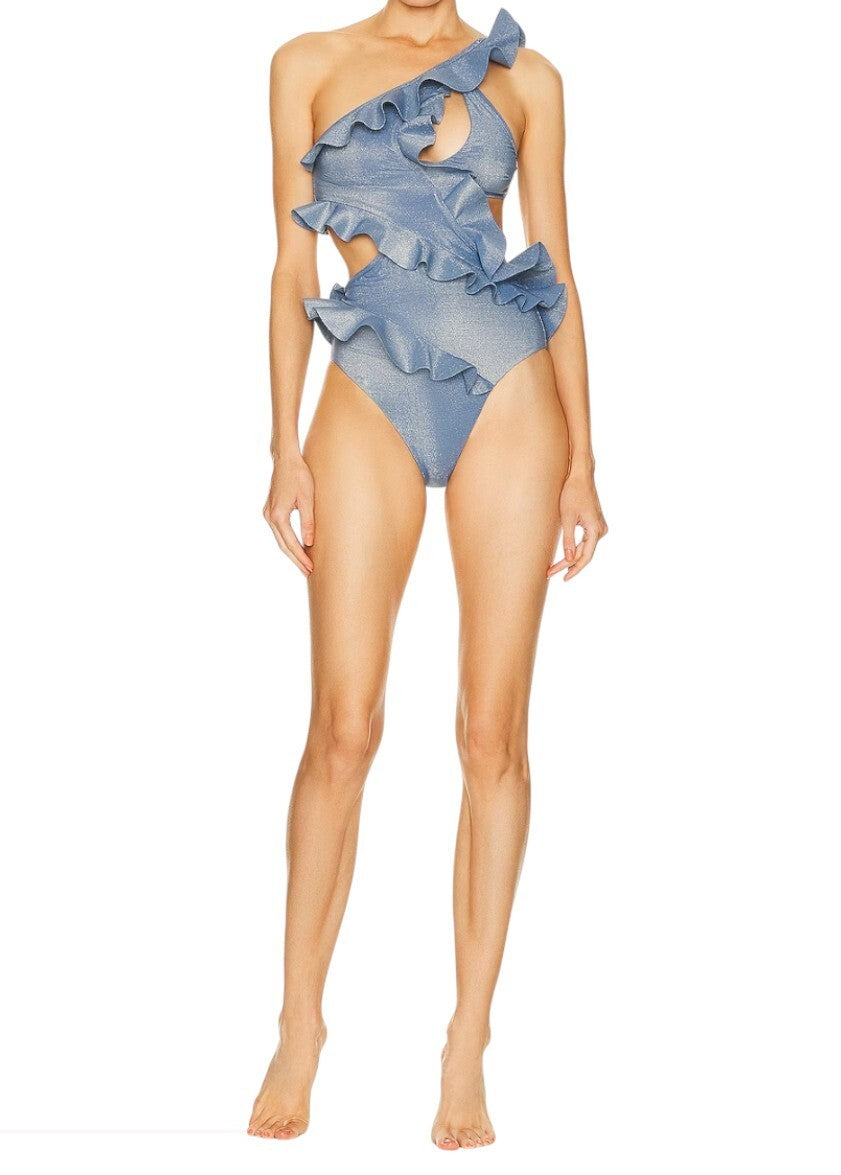 Zimmermann August Asymmetric One Piece | Blue Lurex/Shine, Frills, Cut Outs