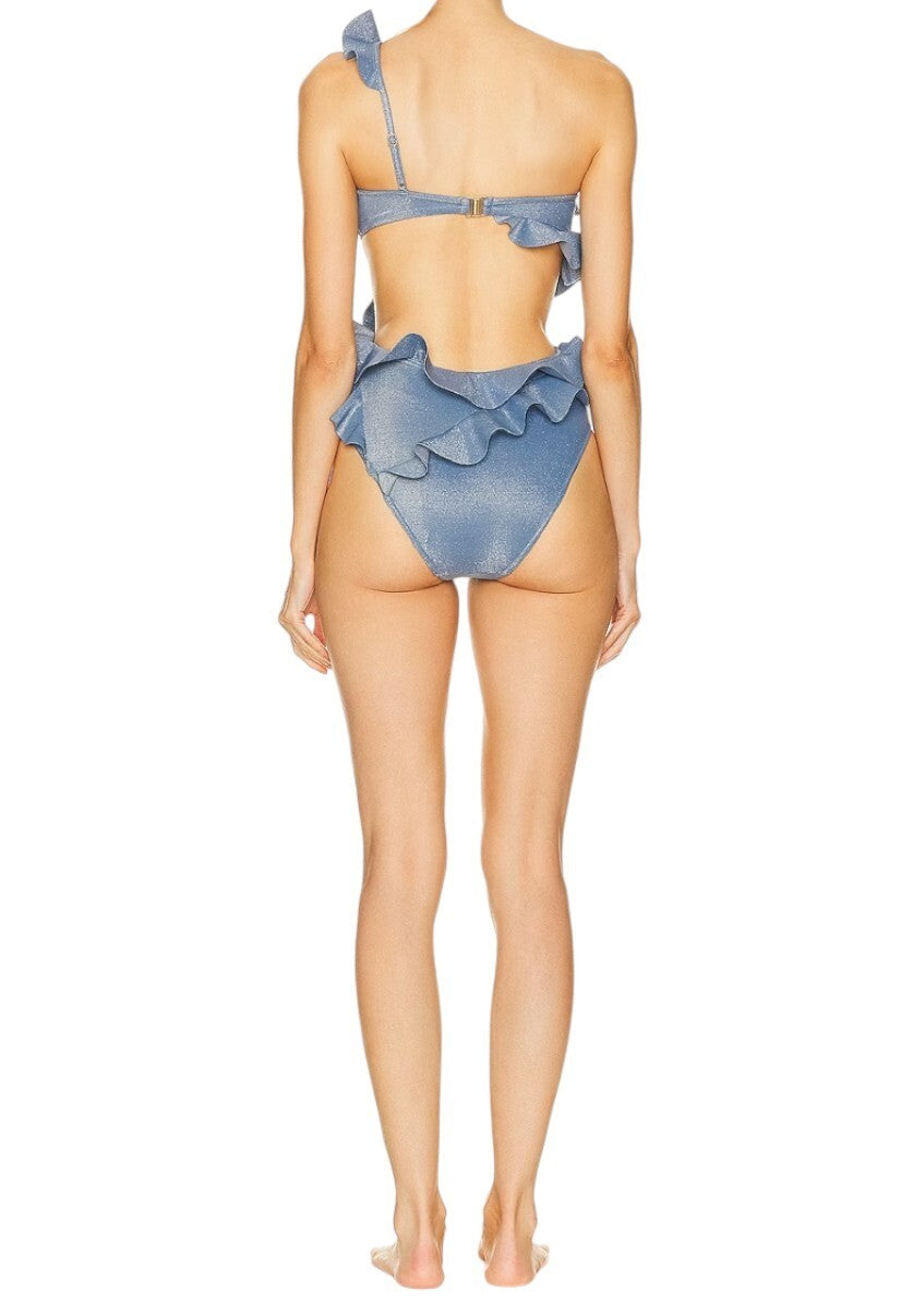 Zimmermann August Asymmetric One Piece | Blue Lurex/Shine, Frills, Cut Outs