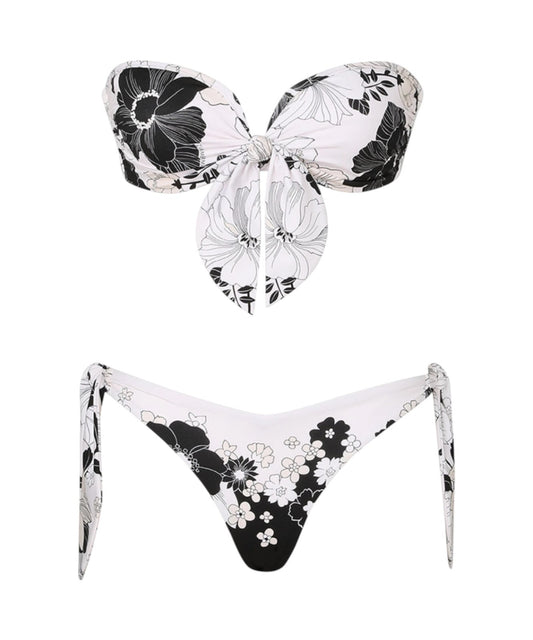 Zimmermann Pop Scarf Tie Bikini | Black/White Floral, Front Tie Bandeau Top, Low
