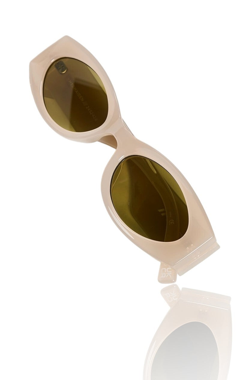 Le Specs Mermaiden Sunglasses | Small Oval, Beige/Oatmel Green Lenses, Acetate