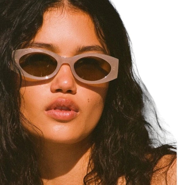 Le Specs Mermaiden Sunglasses | Small Oval, Beige/Oatmel Green Lenses, Acetate