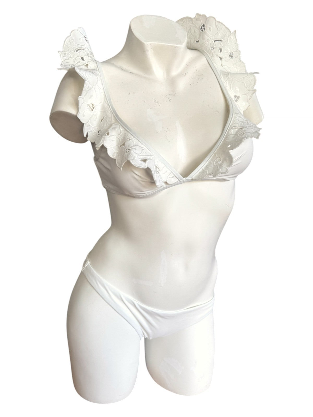 Zimmermann Golden Embroidery Frill Bikini | White, Shoulder Frills, Low Rise
