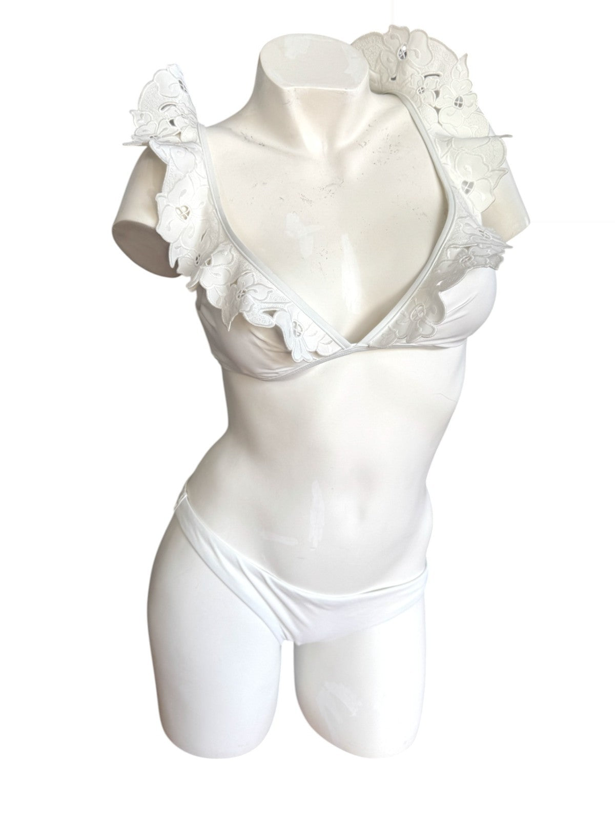 Zimmermann Golden Embroidery Frill Bikini | White, Shoulder Frills, Low Rise