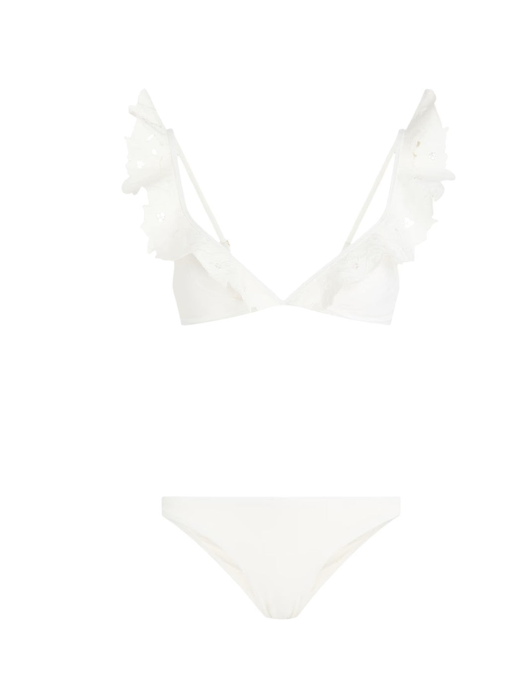 Zimmermann Golden Embroidery Frill Bikini | White, Shoulder Frills, Low Rise