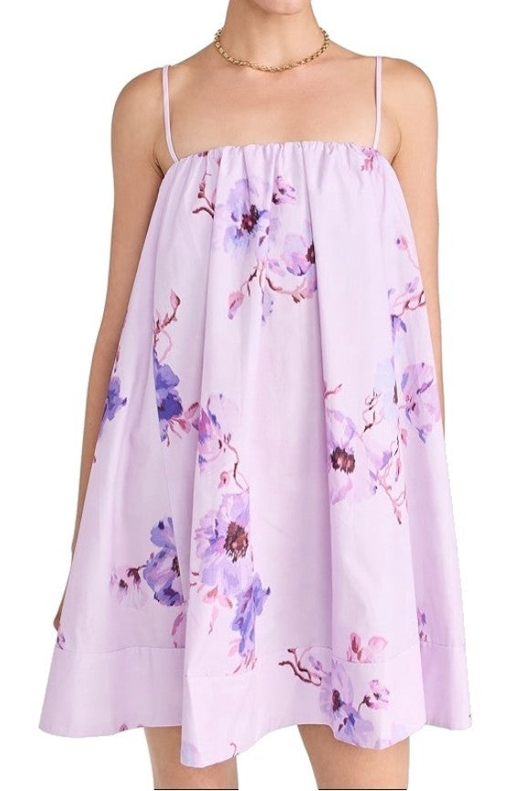 Zimmermann Lightburst Puff Mini Dress | Purple Floral, Relaxed, Poplin Cotton