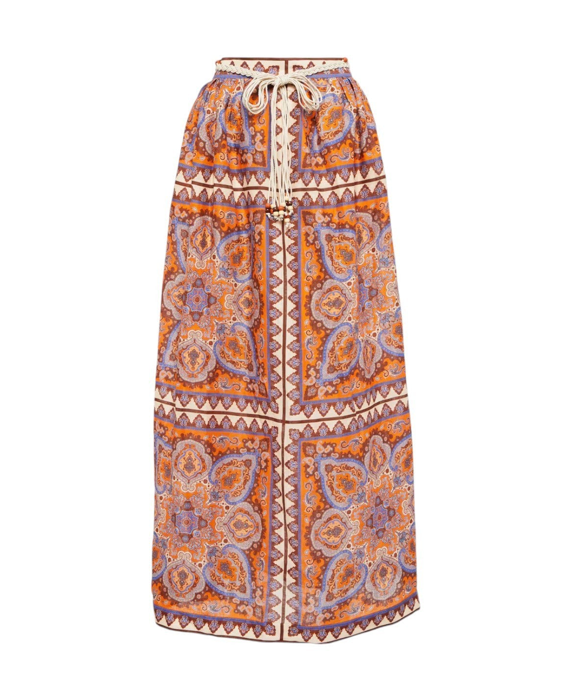 Zimmermann Halycon Maxi Skirt | Boho, Orange/Blue Paisley, Woven Belt, Embellish