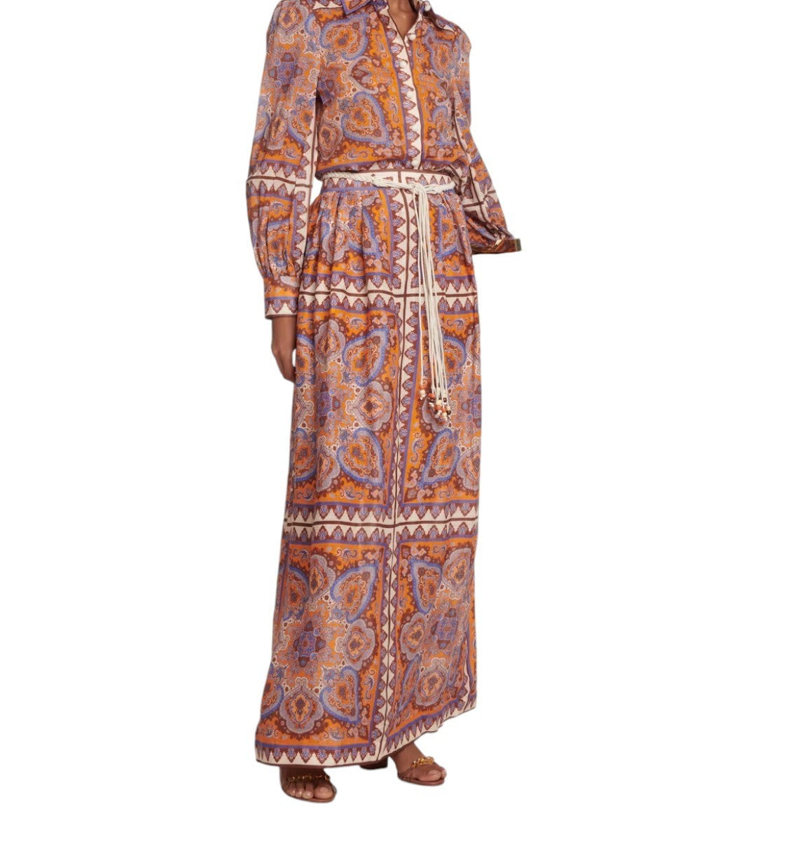 Zimmermann Halycon Maxi Skirt | Boho, Orange/Blue Paisley, Woven Belt, Embellish