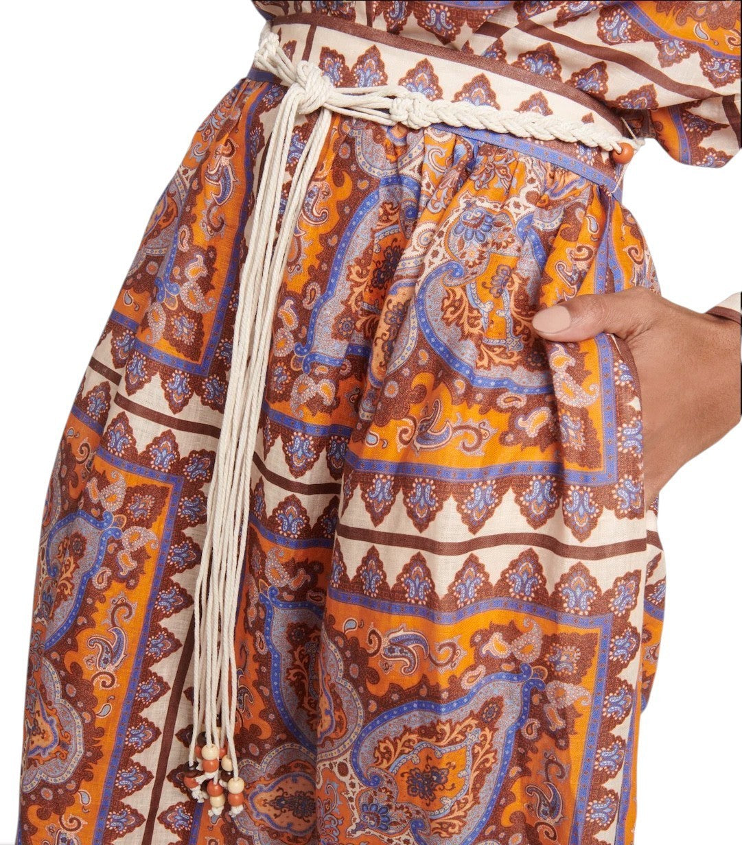 Zimmermann Halycon Maxi Skirt | Boho, Orange/Blue Paisley, Woven Belt, Embellish