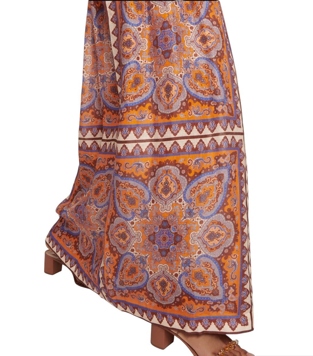 Zimmermann Halycon Maxi Skirt | Boho, Orange/Blue Paisley, Woven Belt, Embellish