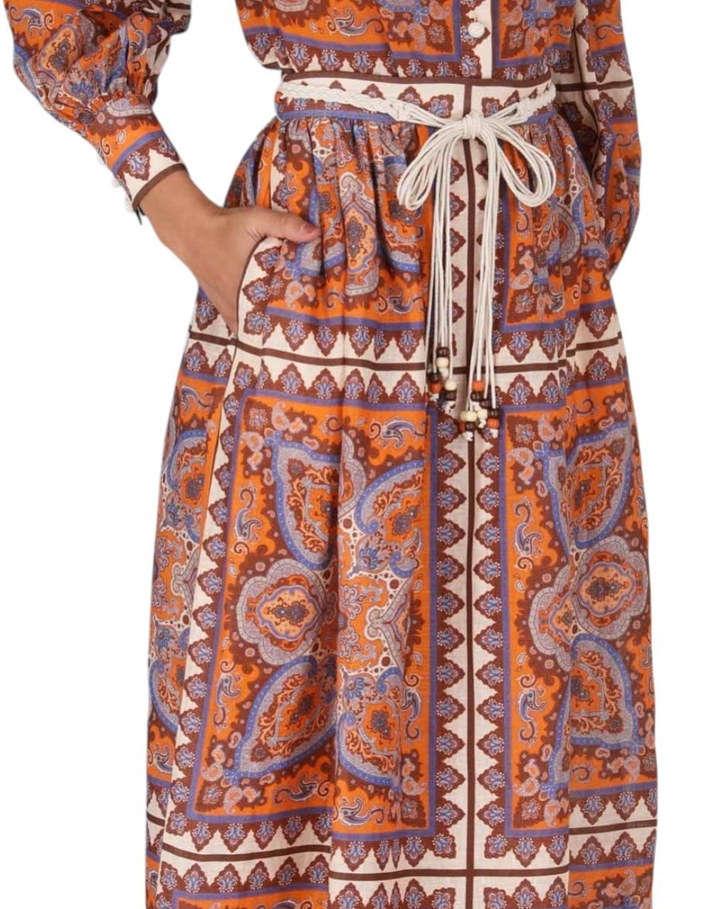 Zimmermann Halycon Maxi Skirt | Boho, Orange/Blue Paisley, Woven Belt, Embellish