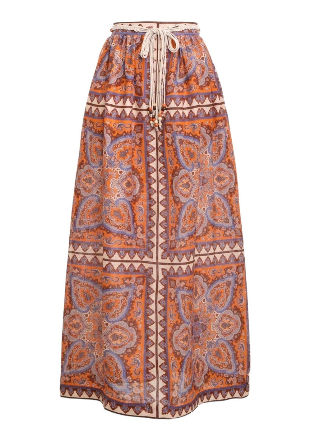 Zimmermann Halycon Maxi Skirt | Boho, Orange/Blue Paisley, Woven Belt, Embellish