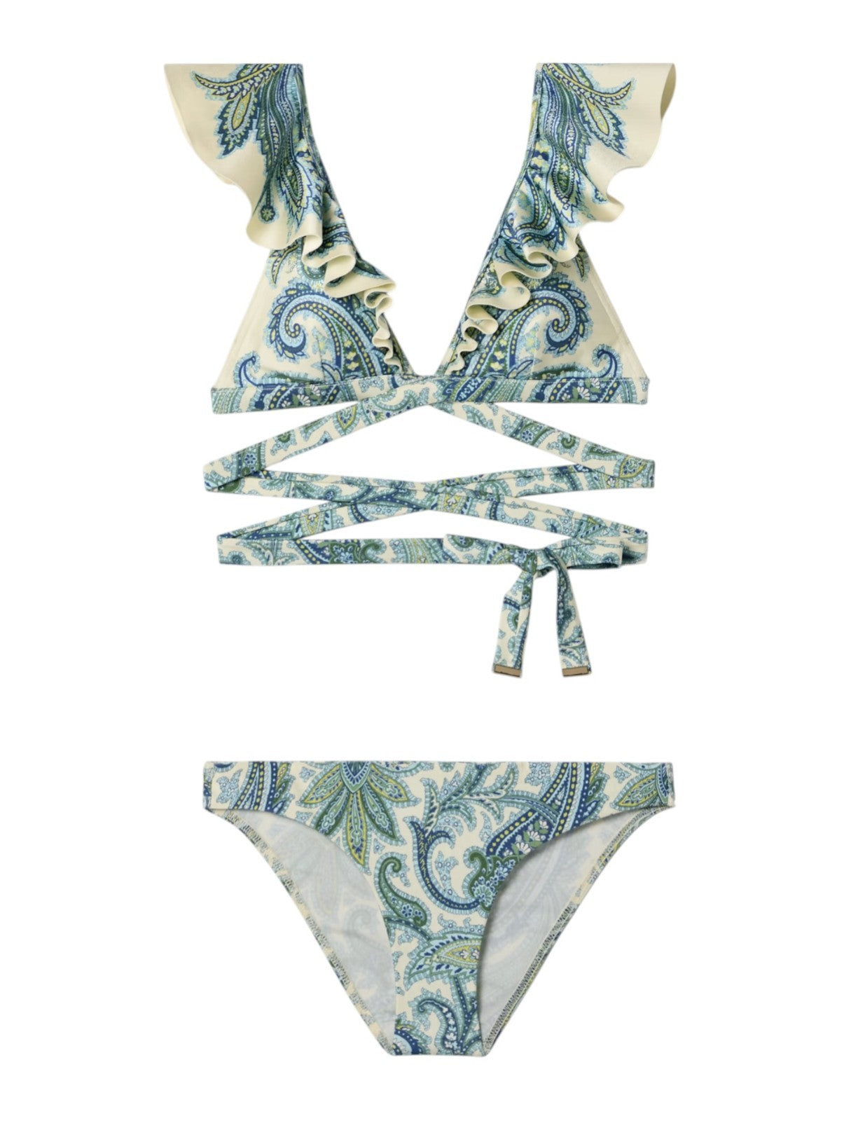 Zimmermann Ottie Wrap Ruffle Bikini | Green Paisley, Low Rise Bottoms, Frills