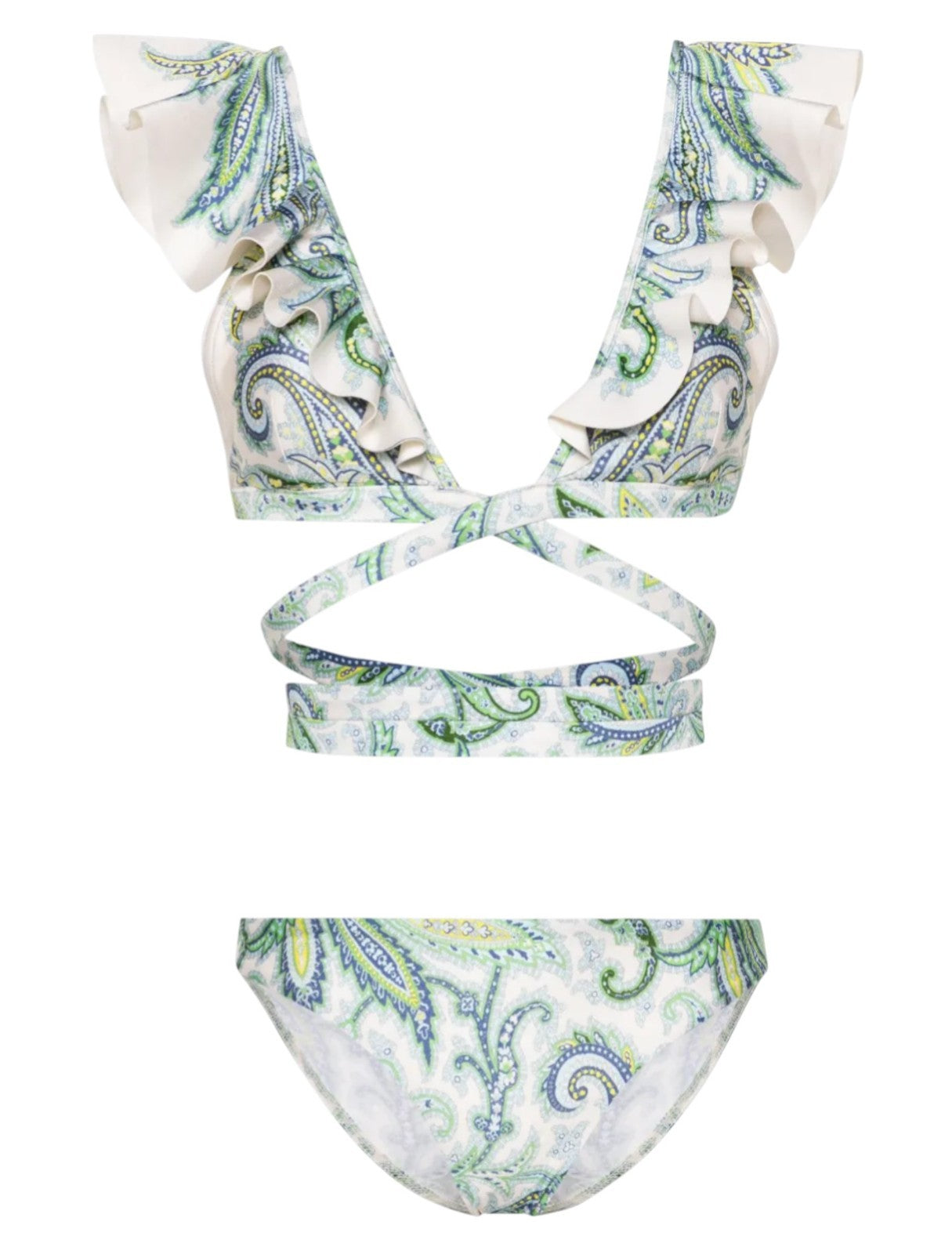 Zimmermann Ottie Wrap Ruffle Bikini | Green Paisley, Low Rise Bottoms, Frills